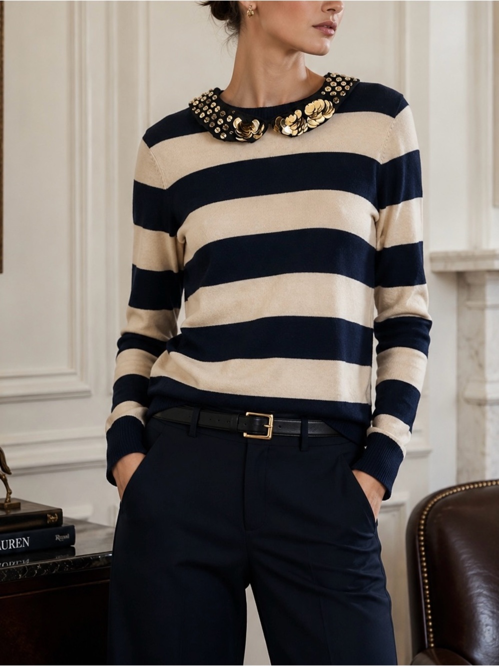 GRYPHON NEW YORK‎ Navy Stripe Wool Sweater With Metallic Peter Pan Collar